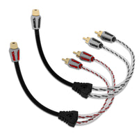 Level 3 RCA 100% Copper OFC Y Connector 1 FEMALE to 2 MALE - BLACK / RED Kit - front view | Silarius