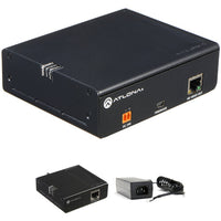 Atlona AT-HDVS-TX HDBaseT Extender with AT-HDRX Receiver, including a black transmitter unit and a black receiver with HDMI and Ethernet ports.
