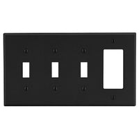 Hubbell P326BK Wall Plate, Black 4-Gang, 3 Toggle Switches and 1 Decorator Opening