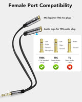 Headphone Mic Splitter Adapter - [1 Male To 2 Female] Headset Splitter Pc Gaming