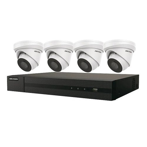 Hikvision EKI-K41T44C Value Express Series ColorVu 5-Piece IP Kit, (4) DS-2CD1347G2-LUF 4MP Turret IP Camera, 2.8mm Lens, White, (1) ERI-K104-P4 4K 4-Channel NVR, 1TB HDD, Black