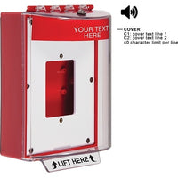 STI-13520CR Universal Stopper Dome Cover Enclosed Back Box, Open Mounting Plate and Hood with Horn, Custom Label, Non-Returnable, Red
