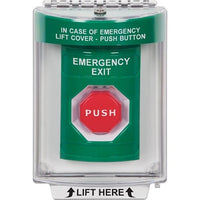 STI SS2138EX-EN Green Indoor / Outdoor Flush Pneumatic (Illuminated) Stopper Station with EMERGENCY EXIT Label