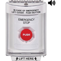 STI SS2341ES-EN Stopper Station Push Button with Universal Stopper Cover, Horn, Flush Mount, Turn-to-Reset, 'EMERGENCY STOP' Label, White