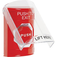 STI SS2028PX-EN Stopper Station, with Shield, Pneumatic Illuminated,' PUSH TO EXIT' Label, Red