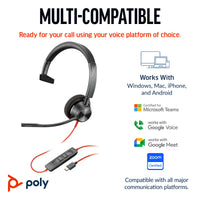 Poly 8X215AA Blackwire 3310 Monaural USB-C Headset +USB-C/A Adapter