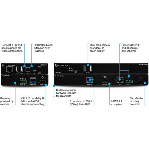 Atlona® AT-OME-EX-KIT Omega 4K/UHD HDMI Over HDBaseT TX/RX with USB, Control, and PoE