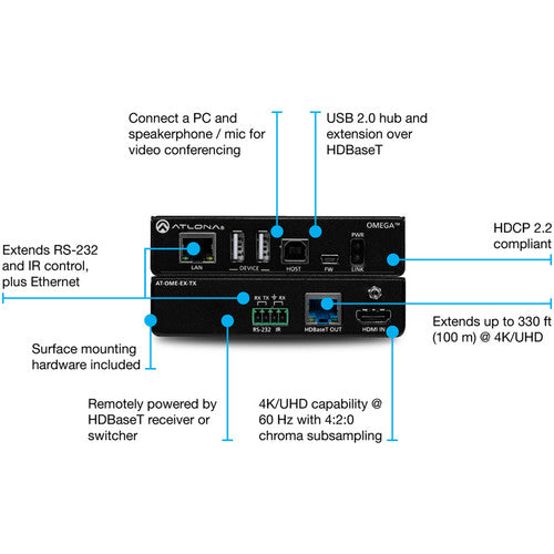 Atlona® AT-OME-EX-TX Omega 4K/UHD HDMI Over HDBaseT Transmitter with USB, Control, and PoE