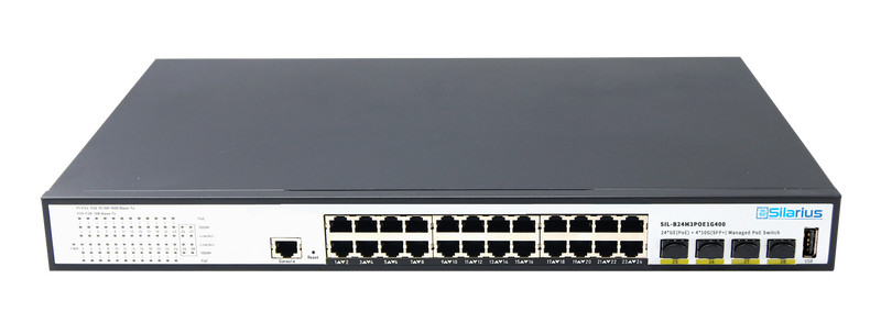 Silarius SIL-B24M3POE1G400 24 Ports 10/100/1000Mbps Gigabit Layer 3 Managed PoE+ switch with 4 Ports 10G SFP+ Uplink, 1 Console, 6KV surge protection, 400W, rack mount installation