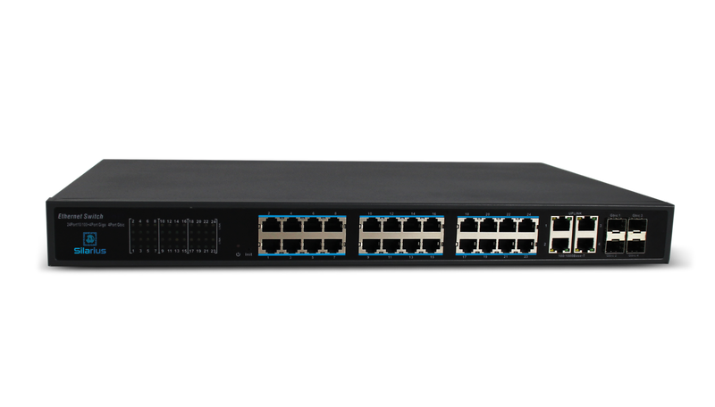 Silarius SIL-SW24POE 28 Ports POE switch with 24/100MB Ports PoE+, 4 Gigabit Uplinks, and 4 SFP Slots Uplink - 370W POE