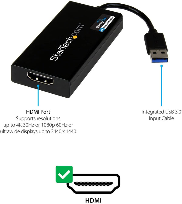 StarTech.com USB 3.0 to HDMI Adapter - 4K 30Hz Ultra HD - DisplayLink Certified - USB Type-A to HDMI Display Adapter Converter for Monitor - External Video & Graphics Card - Mac & Windows (USB32HD4K)