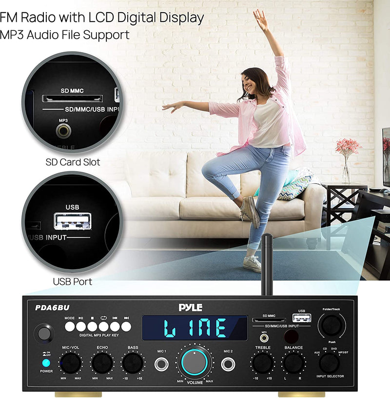 Pyle PDA6BU 200-Watt Bluetooth® Stereo Amp Receiver with USB & SD™ Card Readers