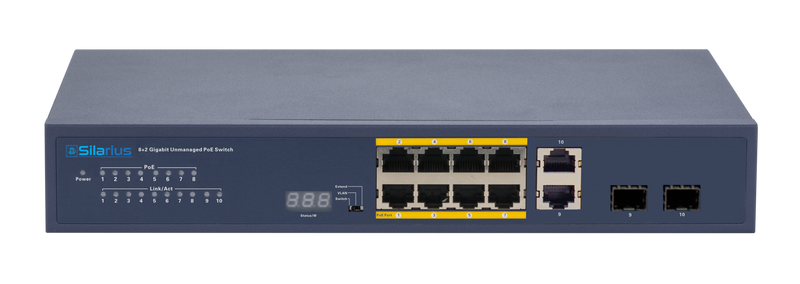 Silarius SIL-A8POE1G120 12 Ports POE+ switch with 8 Gigabit Ports PoE+, 2 Gigabit Uplinks, 2 SFP Slots Uplink, and POE indicator - 120W POE+