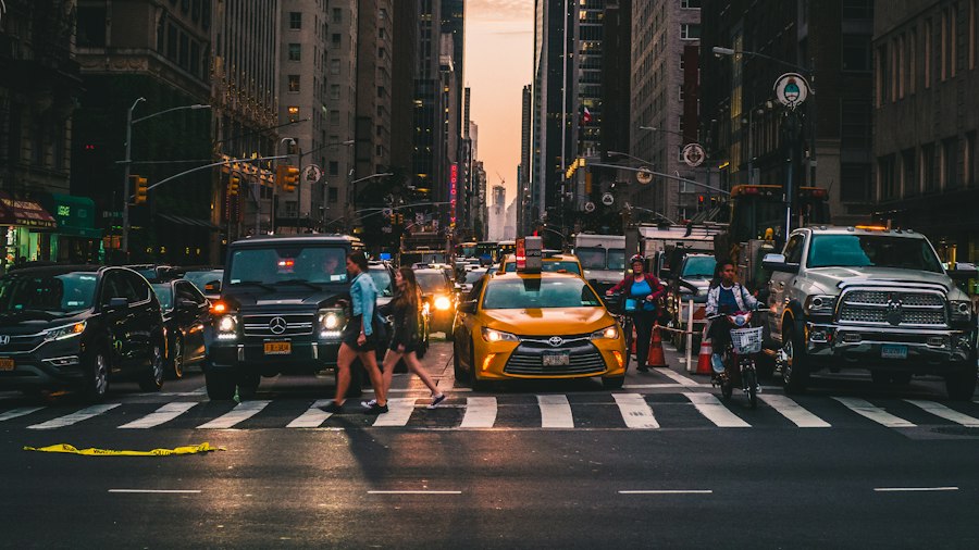 Busy street scene with vehicles and pedestrians being classified